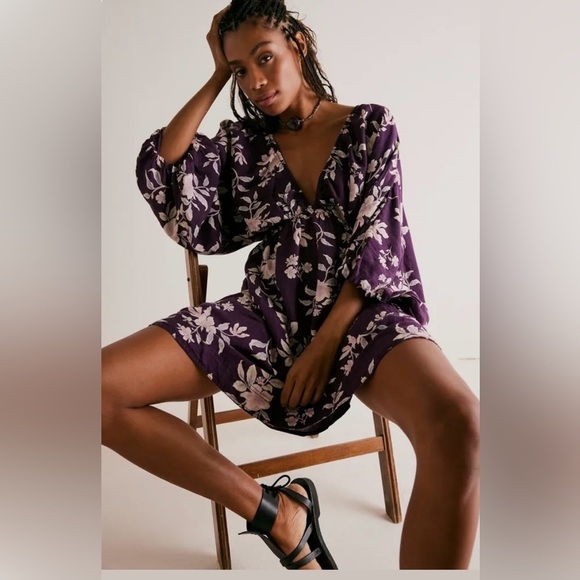 Free People Portia Linen Mini Dress in BlackBerry Womens Size Small NEW - Picture 3 of 11